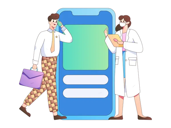 Empresário fazendo consulta médica com médico usando celular  Ilustração