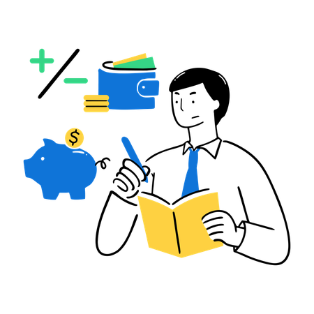 Empresário fazendo orçamento com cofrinho  Ilustração