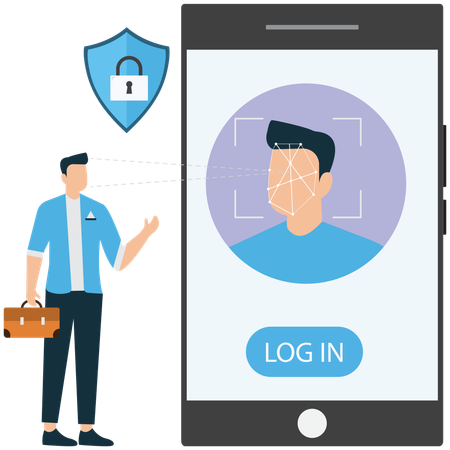 Empresário fazendo sistema de login de reconhecimento facial  Ilustração
