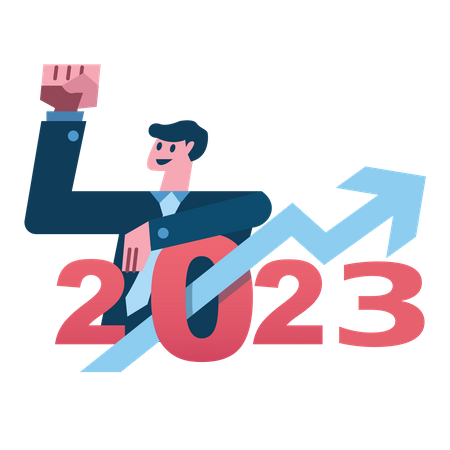 Feliz empresário com gráfico de crescimento no ano de 2023  Ilustração