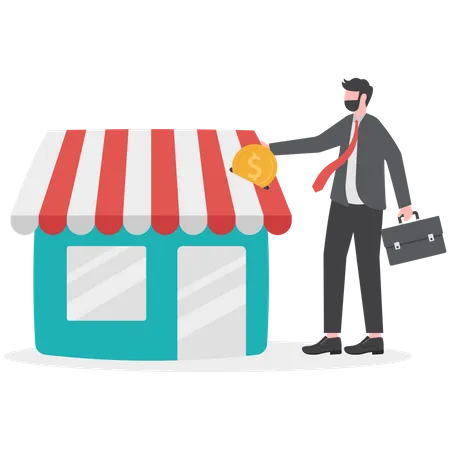 Financiamiento manual del empresario colocando moneda en una tienda de pequeñas empresas.  Ilustración