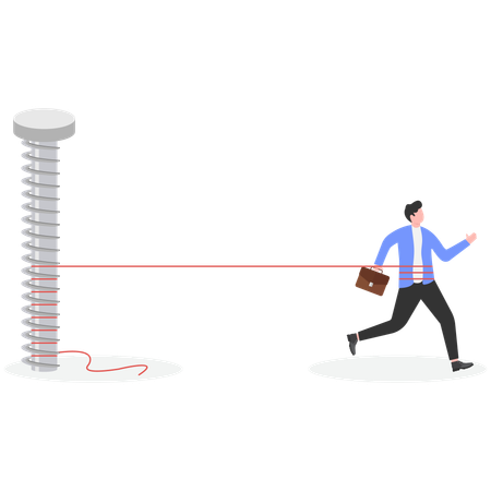 Empresário com flecha para frente amarrada em prego  Ilustração