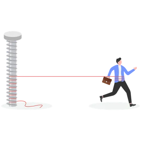 Empresário com flecha para frente amarrada em prego  Ilustração