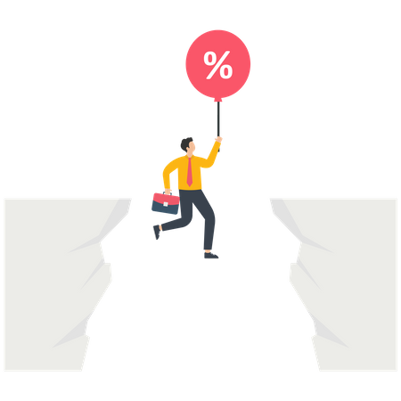 Empresario flotando entre un acantilado por globo de símbolo de porcentaje  Ilustración