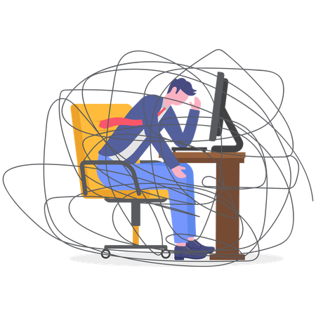 Hombre de negocios frente a la carga de trabajo de oficina  Ilustración