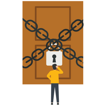 Empresario frente a una puerta atada por cadenas  Ilustración