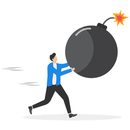Empresario frustrado corriendo y cargando una bomba  Ilustración