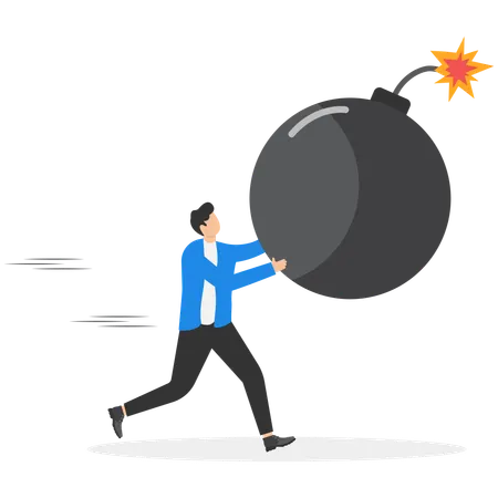 Empresario frustrado corriendo y cargando una bomba  Ilustración