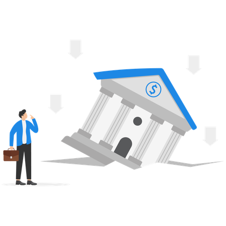 Empresário frustrado olha para prédio de banco em colapso  Ilustração