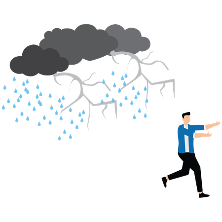 Empresário foge de tempestade de trovões chovendo  Ilustração