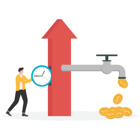 Hombre de negocios ganando dinero a tiempo  Ilustración