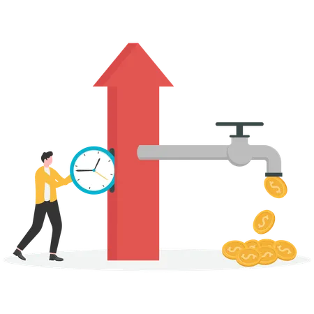 Hombre de negocios ganando dinero a tiempo  Ilustración