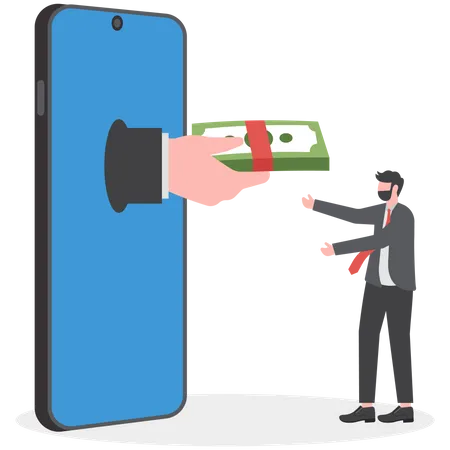 Empresario ganando dinero con teléfonos inteligentes  Ilustración