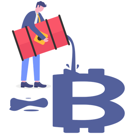 Empresario gastando bitcoins en petróleo crudo  Ilustración