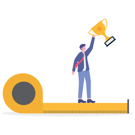 Gerente de negócios mede o sucesso do funcionário segurando o troféu com régua medidor em forma de seta avaliação de desempenho avaliação da equipe  Ilustração