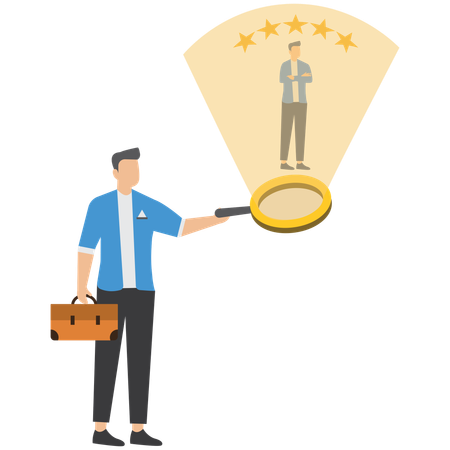 El gerente empresario usa una lupa para analizar al empleado para una evaluación de desempeño de 5 estrellas  Ilustración