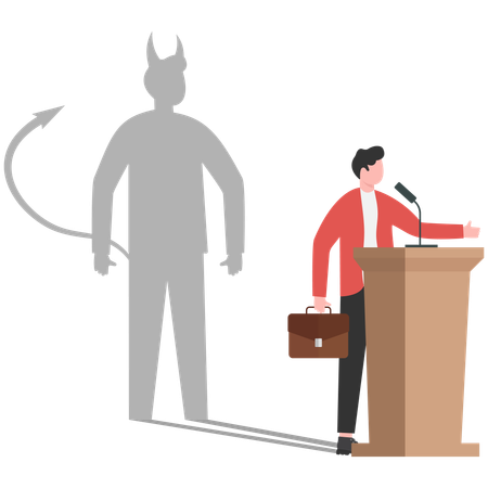 Un hombre de negocios habla en el podio mientras una sombra diabólica emerge de su espalda.  Ilustración