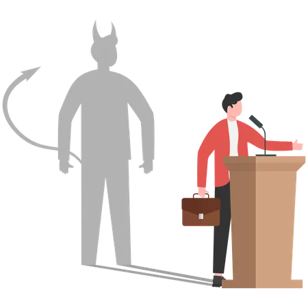 Un hombre de negocios habla en el podio mientras una sombra diabólica emerge de su espalda.  Ilustración