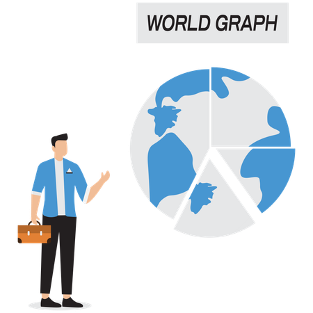 Hombre de negocios hablando sobre el gráfico mundial  Ilustración