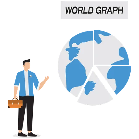 Hombre de negocios hablando sobre el gráfico mundial  Ilustración