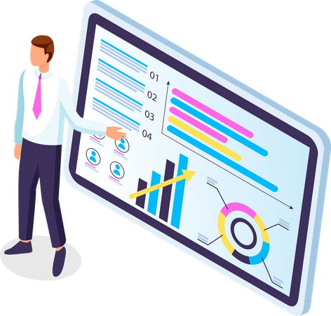 El hombre de negocios hace una presentación de un informe estadístico, concepto de negocio de análisis y planificación  Ilustración