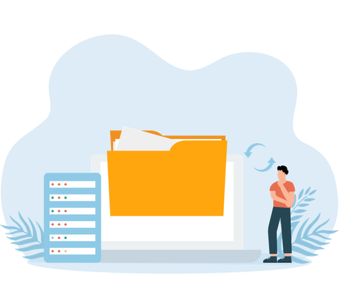 Hombre de negocios que realiza el almacenamiento de datos en archivos  Ilustración