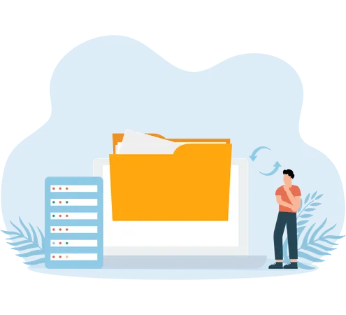 Hombre de negocios que realiza el almacenamiento de datos en archivos  Ilustración