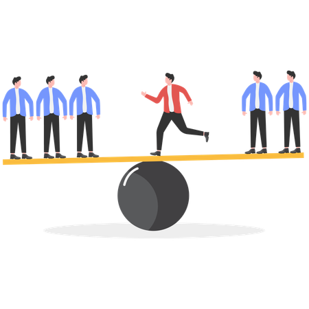 Hombre de negocios haciendo equilibrio de equipo  Ilustración