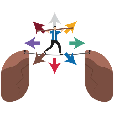 Hombre de negocios haciendo equilibrio sobre la cuerda floja con flechas que apuntan en diferentes direcciones profesionales  Ilustración