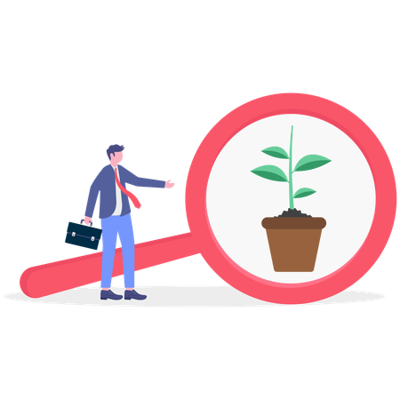 Hombre de negocios realizando investigación sobre plantas  Ilustración