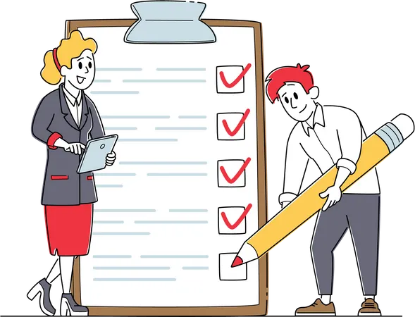 Empresario haciendo una marca de verificación en la lista de tareas  Ilustración