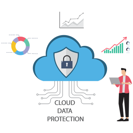 Hombre de negocios haciendo protección de datos en la nube  Ilustración