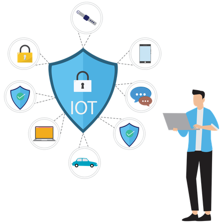 Empresario realizando seguridad de dispositivos IoT  Ilustración