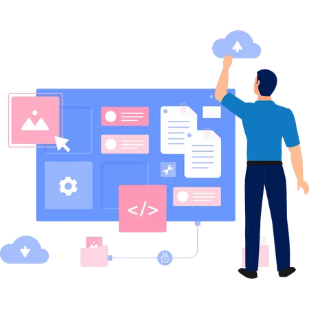 Hombre de negocios realizando transferencia de datos en la nube  Ilustración