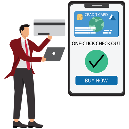 Hombre de negocios haciendo un pago con un solo clic usando un dispositivo móvil  Ilustración