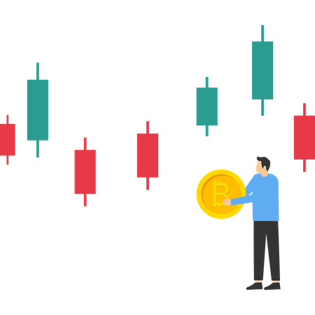 Empresario sosteniendo bitcoin frente al gráfico ascendente  Ilustración