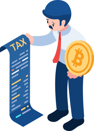 Empresario sosteniendo Bitcoin y documento fiscal  Ilustración