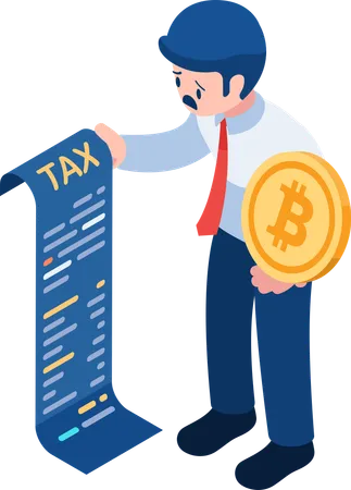 Empresario sosteniendo Bitcoin y documento fiscal  Ilustración