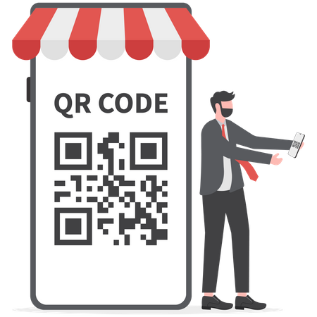 Empresario sosteniendo smartphone utiliza pago con código QR  Ilustración