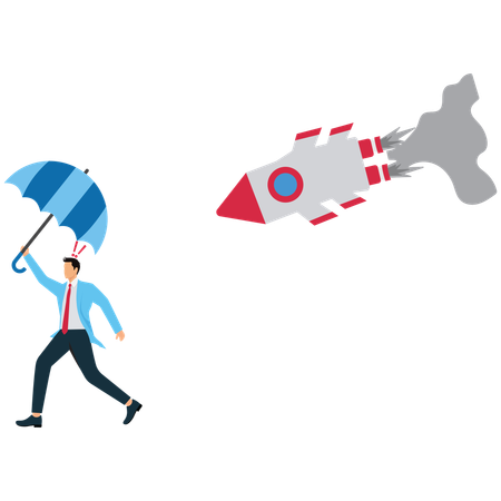 Hombre de negocios huyendo de un cohete roto  Ilustración