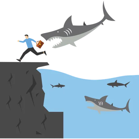El hombre de negocios huye del tiburón  Ilustración