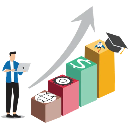 Empresário traçando um curso individual através de diferentes estágios de carreira com setas direcionais  Ilustração