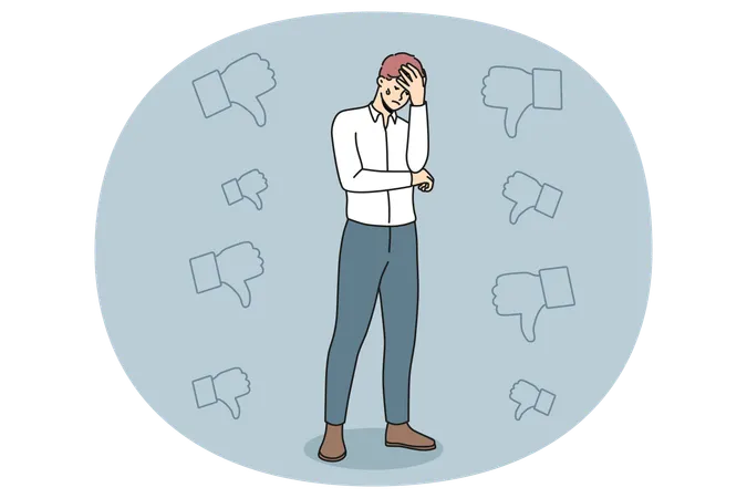 Hombre de negocios infeliz estresado por comentarios laborales negativos  Ilustración