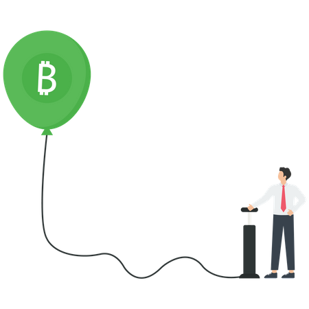 El empresario infla un globo con el símbolo de bitcoin con una bomba de bicicleta  Ilustración