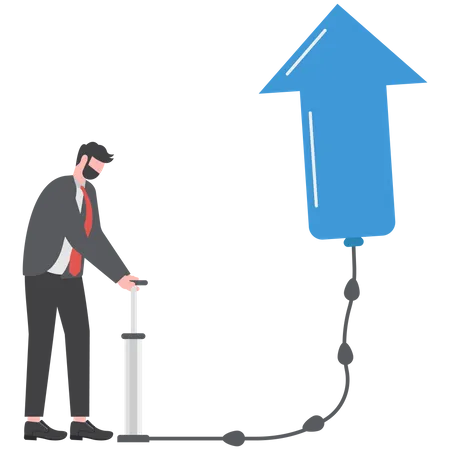 El hombre de negocios infla la bomba de aire en una flecha verde flotante hacia arriba  Ilustración