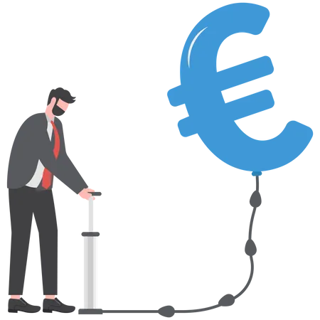El hombre de negocios infla la bomba de aire en una moneda flotante en euros  Ilustración