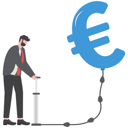 Empresário infla bomba de ar em moeda flutuante de euro  Ilustração