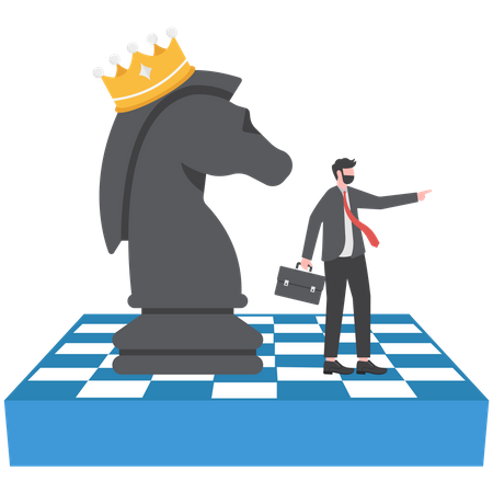 Empresário inteligente apontando o dedo para dirigir o cavaleiro de xadrez com coroa de rei  Ilustração
