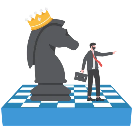 Empresário inteligente apontando o dedo para dirigir o cavaleiro de xadrez com coroa de rei  Ilustração
