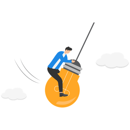 Un hombre de negocios inteligente balancea y lanza un péndulo con bombillas de ideas.  Ilustración
